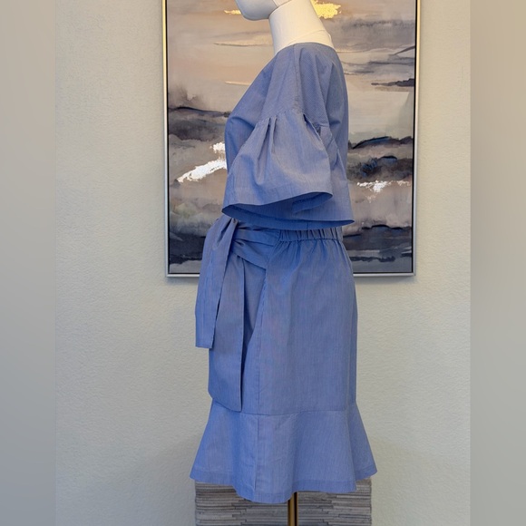 100% cotton Blue White Striped Midi Dress with Flare Sleeves - Picture 4 of 16